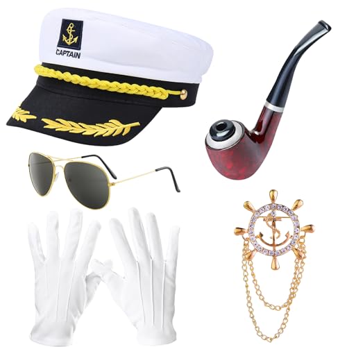 LUKIUP 6 Stück Yacht Kapitän Hut Kostüm Set, Verstellbare Kapitänsmütze, Sonnenbrille, Handschuhe, Holzpfeife, Matrosenmütze, Abzeichen für Partys Cosplay, für Karneval Mottoparty Cosplay LUKIUP 6 Stück Yacht Kapitän Hut Kostüm Set, Verstellbare Kapitänsmütze, Sonnenbrille, Handschuhe, Holzpfeife, Matrosenmütze, Abzeichen für Partys Cosplay, für Karneval Mottoparty Cosplay von LUKIUP