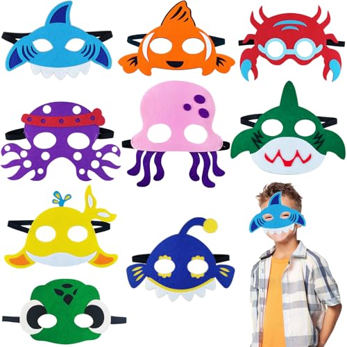 LUKIUP 9 Stück Ozeantiere Filz Masken, Kinder Party Masken, Filz Meerestier Masken mit elastischem Seil für Kindergeburtstag Maskerade Themenparty, Cosplay Party Masken von LUKIUP
