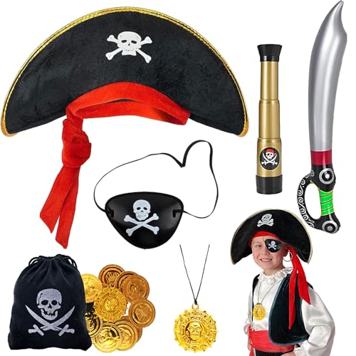 LUKIUP 7 Pcs Piraten Kostüm zubehör, Piratenset für Kinder mit hut, Fernrohr, Augenklappe, Aufblasbares messer, Münzbeutel, Kinder Cosplay Zubehör, für Karneval, Halloween, Piraten Party Prop von LUKIUP