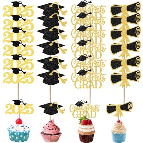 LUMOOM 24 Stück 2025 Graduation Cupcake Toppers, Glitzer Abschluss Deko, Abschlussparty Dekorationen, Bachelor Hut Deko, Abschlusskuchentopper, für Abschlussfeier Party, Graduation Dekoration von LUMOOM