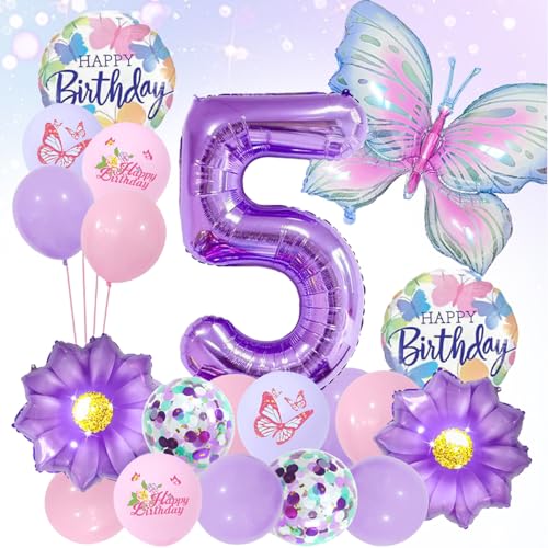 LUMOOM Schmetterling Deko Geburtstag Mädchen 5Jahre, Geburtstagsdeko Luftballons Schmetterlinge Folienballon Zahlenballon, Lila Party Kindergeburtstag Dekoration für Kinder LUMOOM Schmetterling Deko Geburtstag Mädchen 5Jahre, Geburtstagsdeko Luftballons Schmetterlinge Folienballon Zahlenballon, Lila Party Kindergeburtstag Dekoration für Kinder von LUMOOM