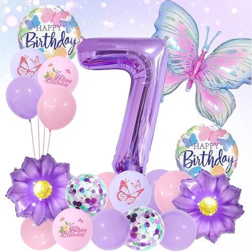 LUMOOM Schmetterling Deko Geburtstag Mädchen 7 Jahre, Geburtstagsdeko Luftballons Schmetterlinge Folienballon Zahlenballon, Lila Party Kindergeburtstag Dekoration für Kinder von LUMOOM