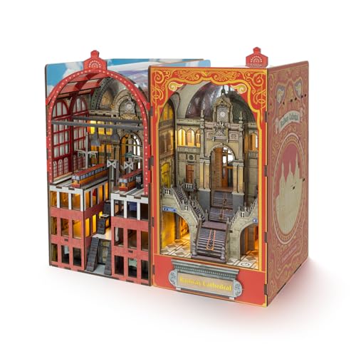 LUNIQUESHOP Book Nook Kit – Miniaturhaus zum Selbstbauen – Kathedrale und Bahnhof – Modell 2 Seiten – Modellbausatz für 14 Jahre und älter mit LED-Licht von LUNIQUESHOP