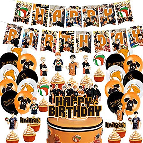 Haikyuu!! Party-Dekorationen, inklusive 1 Banner – 1 Tortenaufsatz 24 Cupcake-Topper 24 Luftballons – 8 Spiralornamente Haikyuu Kuchen Topper Anime Haikyuu Mottoparty Dekorationen für Kinder von LUNK