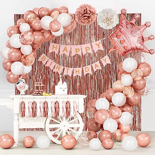 Geburtstagsdeko, Rose Gold Geburtstag Party Deko für Frauen Mädchen, Luftballons Geburtstag Dekoration Set mit Happy Birthday Girlande, Geburtstag Hintergrund Tassel, Konfetti Ballons von LUOBITO