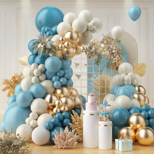 Luftballon Girlande Blau, 125 Stück Ballons Girlande Pastell Blau Beige Sand Weiß, Gold Konfetti Luftballons für Baby Dusche Hochzeit Geburtstag Party Dekorationen Junge Männer von LUOBITO