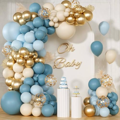 Luftballon Girlande Blau Weiß Gold, 138 Stück Ballon Girlande Retro Blau Beige Weißer Sand, Luftballons Dusty Blau Hellblau für Geburtstag Hochzeit Babyparty Geschlecht Offenbaren Party Deko von LUOBITO