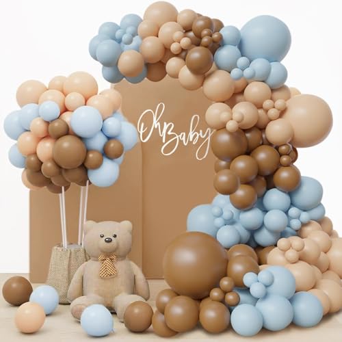 Luftballon Girlande Braun Blau, 147 Stück Nude Kaffee Pastell Blau Boho Neutral Ballons Girlande, Baby Shower Dekorationen für Jungen Gender Reveal Geburtstag Hochzeit Party Dekoration von LUOBITO