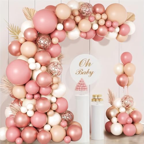 Luftballon Girlande Rosa, 133 Stück Retro Beige Weiß Ballon Girlande, Luftballons Pastell Rosa Metallic Rose Gold für Boho Geburtstag Hochzeit Baby Party Dekorationen von LUOBITO