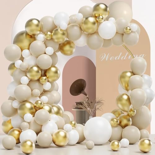 Luftballon Girlande Weiß Gold, 124 Stück Ballon Girlande Beige Weiß Gold, Luftballons Sand Weiß Creme Weiss Nude Golden Konfetti für Geburtstag Hochzeit Babyparty Party Dekoration von LUOBITO