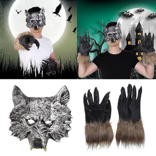 LUOFENG Holloween Horror-Maske, Wolfsmaske, Wolfshandschuhe, Wolf für Kopfmaske, Krallen, Kopfbedeckung, Requisiten, Cosplay-Kostüm für Maskerade-Party von LUOFENG