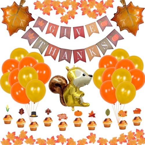 LUOFENG Thanksgiving-Ballon-Set, Party-Dekoration, Thanksgiving-Eichhörnchen, Ahornblatt-Ballon-Zubehör mit Bannern, Kuchenaufsätzen von LUOFENG