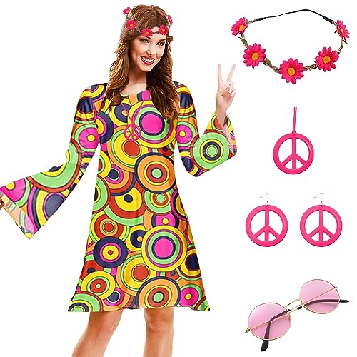 LUPATDY 70er Hippie Kleid, 60er 70er Jahre Outfit Damen Party Kostüm, Halloween Retro-Kleider, Disco Outfit Kostüm Damen Mädchen mit Kleid, Turban, Friedenszeichen, Brille, Juwelenkette von LUPATDY