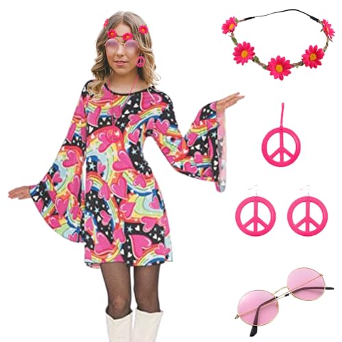 LUPATDY 70er Hippie Kleid, 60er 70er Jahre Outfit Damen Party Kostüm, Halloween Retro-Kleider, Disco Outfit Kostüm Damen Mädchen mit Kleid, Turban, Friedenszeichen, Brille, Juwelenkette von LUPATDY
