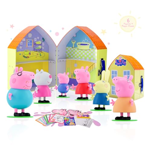 LUPPA Peppa Pig Peppa Wutz Spielzeug mit 6 Figuren in der Lunchbox aus der Dose zum Sammeln, inklusive Malvorlagen, Aufkleber, Maske, Fingerpuppen und Armable Stanzfiguren von LUPPA