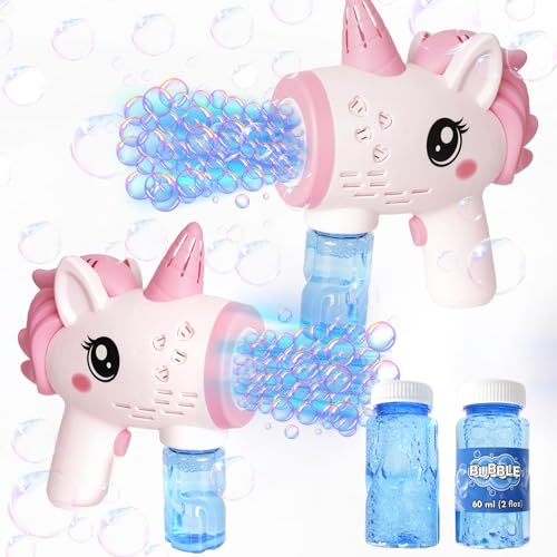 2 Seifenblasenmaschine, Einhorn Seifenblasenpistole für Kinder, Seifenblasen Pistole mit 4 Seifenblasen Flüssigkeit (240 ml), Seifenblas Spielzeug mit Kinder Licht Hochzeit Geburtstag Party von LURICO