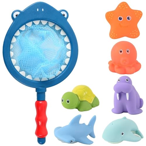 LURICO Badespielzeug-Set – 8 kleine Silikontiere, 1 Haifisch-Kescher, farbwechselnder Seestern & sprühende Tierfiguren für interaktiven Badespaß von LURICO