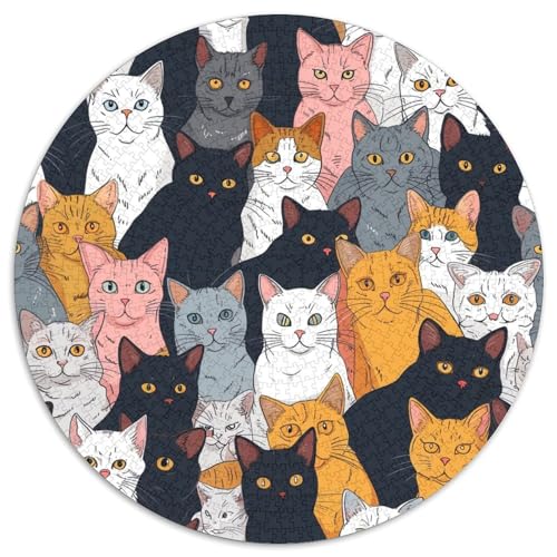 Niedliche Cartoon-Katze, 1000 Teile, kreisförmiges Puzzle, Tier, kreatives Puzzle, Erwachsene und Kinder, anspruchsvolle und pädagogische Kunst, 1000 Teile (67,5 x 67,5 cm) von LUSDNUREN