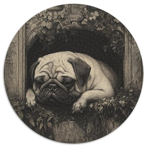 Pug1000 Teile Runde Puzzle, Tier, kreatives Puzzle, Erwachsene und Kinder, anspruchsvolle und pädagogische Kunst, 1000 Teile (67,5 x 67,5 cm) von LUSDNUREN