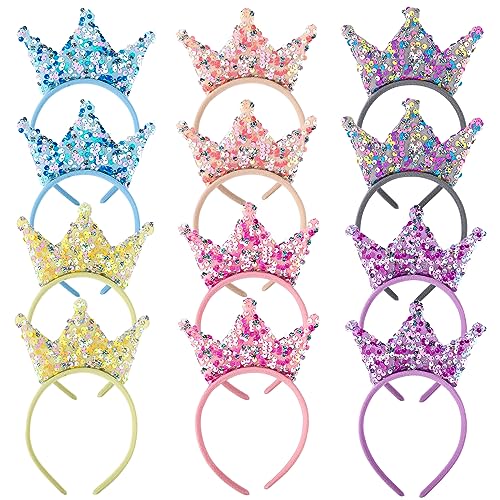 12 Stück Pailletten Kronen Stirnband, doppelseitig Pailletten Stirnbänder Halloween Party Zubehör Prinzessinnen Stirnbänder Krone Haar Hoop für Frauen Mädchen (6 Farben) von LUTER