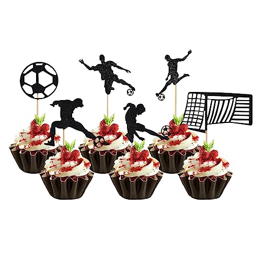 24 Stück Fußball Kuchenaufsatz, Schwarze Fußball Cupcake Topper Sport Themen Cupcake Topper Geburtstagskuchen Sticks, Dekoration für Party, Geburtstagsdekorationen, Zubehör von LUTER