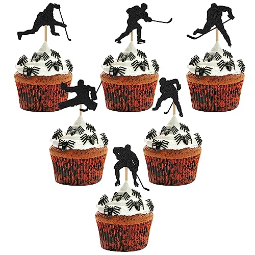 24 Stück Hockey Kuchenaufsatz, Schwarze Hockey Cupcake Topper Sport Themen Cupcake Topper Geburtstagskuchen Sticks Dekoration für Party, Geburtstagsdekorationen, Zubehör von LUTER