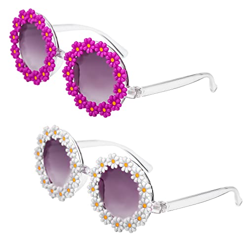 2stk Blumen Sonnenbrille Kinder, Bunte Gänseblümchen Sonnenbrillen für Kinder Runde Blumen Sonnenbrillen Set für Mädchen Outdoor Party Strandzubehör (Weiß, Lila) von LUTER