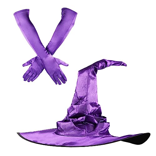 Halloween Hexenhüte, Kostüm und Cosplay Hexenhut Dekoration mit Langen Hexenhandschuhen Zaubererhut Zubehör für Halloween Partygeschenke Festival Verkleidung Karneval (Lila) von LUTER