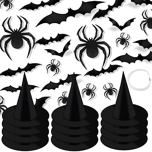 LUTER 12 Stück Halloween Hexenhüte, mit 12 Stück 3D Spinnen Aufklebern, 12 Stück 3D Fledermaus Aufkleber Halloween Schwarze Hexenhüte Dekorationen zum Aufhängen Cosplay Party Dekoration von LUTER