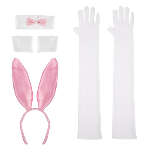 LUTER 6stk Häschen Kostüm Zubehör, Häschen Kostüm Damen Hasenohr-Stirnband Kragen Fliege Handschuhe Manschetten Häschen-Kostüm-Zubehör für Frauen Cosplay Kostümparty (Rosa) von LUTER