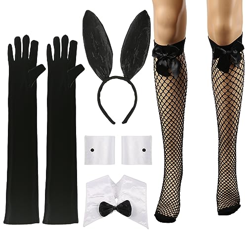 LUTER 8stk Häschen Kostüm Zubehör, Häschen Kostüm Damen Hasenohr-Stirnband Kragen Fliege Handschuhe Manschetten Beinsocken Häschen-Kostüm-Zubehör für Frauen Cosplay Kostümparty (Schwarz) von LUTER