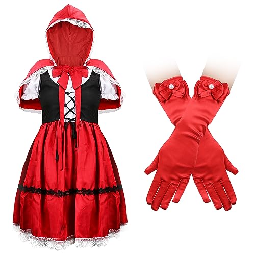 LUTER Kostüm Mädchen Märchen Rotkäppchen, Süße Schleife Halloween-Partykleid Mädchen-Anzieh-Outfits mit Umhang Handschuhen für Halloween Verkleidung Party Cosplay, 13-14 Jahre (S) von LUTER