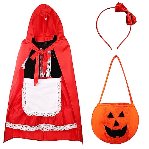 LUTER Rotkäppchen Kostüm Mädchen Inklusive Kleid, Rotem Umhang, Spitzenschürze, Kürbis-Handtasche und Rotem Schleifen-Stirnband Halloween Kostüm Partykleid Kinder Mädchen 7-14 Jahre (L, 145-155cm) von LUTER