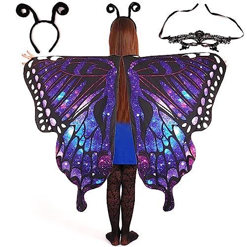 LUTER Schmetterlingsflügel, Damen Schmetterlingsflügel Schal mit Scheuklappen und Tentakeln Schmetterlingskostüm für Mädchen Halloween Kostümdekoration (Sternblau) von LUTER