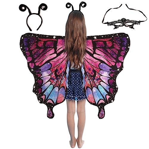 Schmetterlingsflügel, Schmetterlingsflügel Kinder mit Scheuklappen und Tentakeln, Feenflügel Kinder Schmetterlingskostüm für Mädchen Halloween Kostümdekoration (Rosa Lila Sternenhimmel) von LUTER