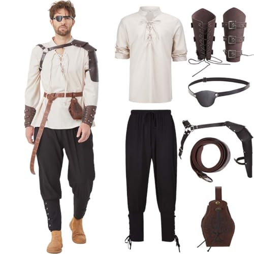 LUTICELI 7-teiliges Renaissance-Kostüm für Herren, Mittelalter-Piraten-Set, Hemd, Hose, Wikinger-Kostüm, Zubehör, Khaki+schwarz, S LUTICELI 7-teiliges Renaissance-Kostüm für Herren, Mittelalter-Piraten-Set, Hemd, Hose, Wikinger-Kostüm, Zubehör, Khaki+schwarz, S von LUTICELI