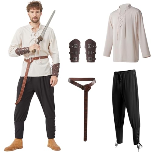 LUTICELI Renaissance-Kostüm-Set für Herren, mittelalterliches Wikingerhemd, Knöchelband, Hose, Zubehör für Halloween (Khaki + Schwarz, Größe L) von LUTICELI