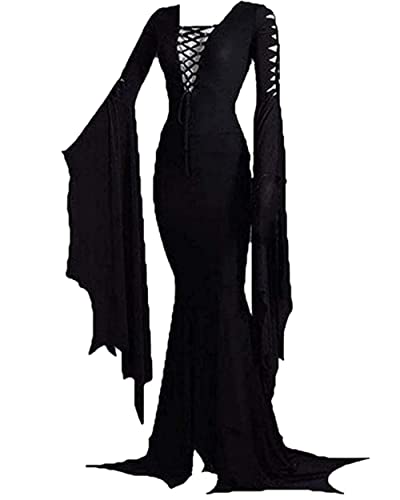 LUYANA Halloween Lace Up Sexy Morticia Addams Halloween Kleider für Damen Renaissance Kostüm Kleid Schwarz M von LUYANA