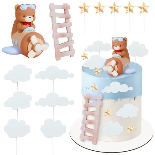 Tortendeko Flugzeug 13 Stück Bär Tortendeko Taufe Junge Kinder Cake Topper Flugzeug Thema Geburtstagsparty, Abenteuer Reisen Themenparty, Jungen Taufe Party Dekorationen von LUYANFX