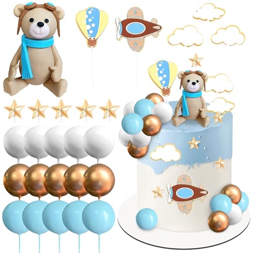 Tortendeko Flugzeug 26 Stück Bär Tortendeko Taufe Junge Kinder Cake Topper Flugzeug Thema Geburtstagsparty, Abenteuer Reisen Themenparty, Jungen Taufe Party Dekorationen von LUYANFX