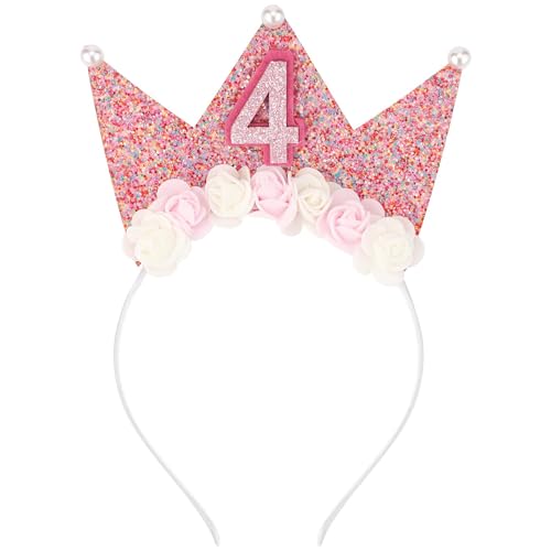 Geburtstagskrone für Mädchen 4 Jahre Rosa, Happy Birthday Haarreif Mit Glitzer Zahlen, Krone Stirnband, Party Kopfschmuck (4) von LUYANFX