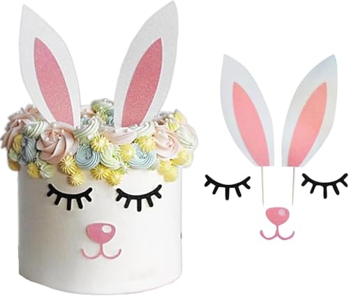 Hasenohren Tortendeko,Hasenohren Cake Topper mit Wimpern Nase, Ostern Hasen ohren Kuchen Deko,Hasenohren Tortendeko Geburtstag, für Ostern Kaninchen Thema Baby Dusche Kinder Geburtstag Party (D) von LUYANFX