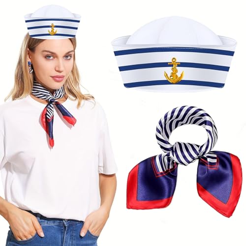 LUYANFX Kapitän Matrosen Kostüm Set, Streifen Matrosenmütze und Schal Set, Marine Yacht Outfit, Kapitän Matrosen Kostüm Zubehör für Erwachsene Halloween Karneval Cosplay Party, Mottoparty (C) von LUYANFX