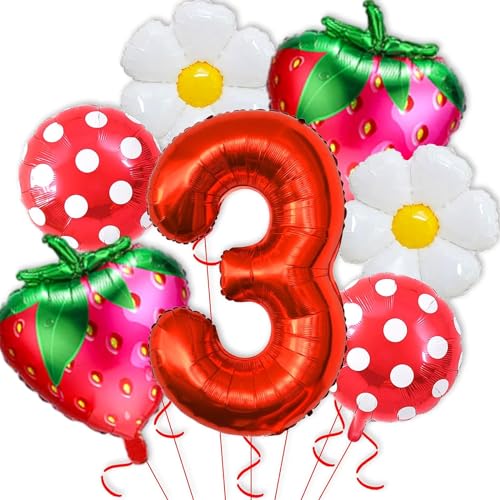 Luftballons Geburtstag Erdbeer, Erdbeer Deko Geburtstag 3 Jahr Mädchen, 7 Stück Geburtstags Ballon Set mit Ballon Nummer 3, Erdbeere Folienballon für Mädchen Geburtstagdeko Motto Party von LUYANFX