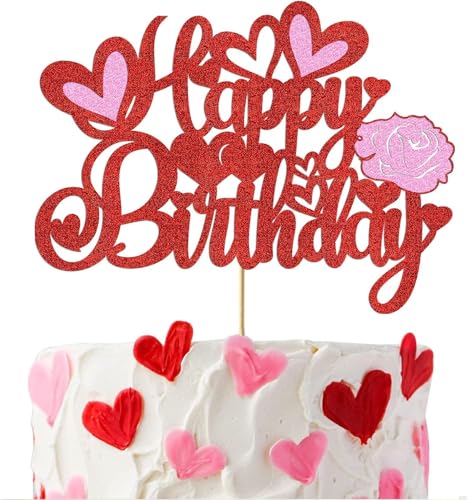 Happy Birthday Cake Topper Rot, Herz Tortendeko Rot, Kuchendeko Geburtstag Valentinstag Deko Torte mit Funkelnden Roten Herzrosen für Muttertag, Hochzeitssaison für Ehefrauen, Töchter, Mütter von LUYANFX