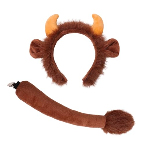LUZTACT Braunes Kuhohren-Haarband, Plüsch, Kuhhörner und Schwanz, Set, Stier, Cosplay, Kostüm, Halloween, Bauernhof-Mottoparty (braun) von LUZTACT