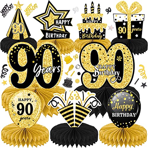 LWAIX 90. Geburtstag Männer Frauen 10Stk Geburtstag Dekoration Tischdeko Bienenwabe Mittelstück für Waben-Tischdekoration Party Zubehör Tischdekorationen Papier (90) von LWAIX
