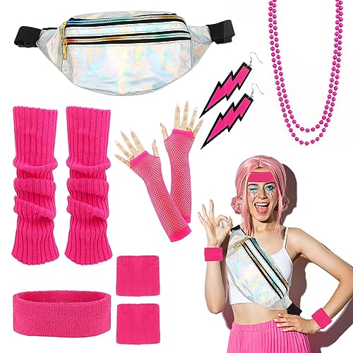 LWMTT 80er Jahre Damen Rosa SetGürteltasche,Ohrring, Halskette, Netzhandschuhe, 80er jahre Neon Beinwärmer Stirnband Armbänder 80er Jahre Kleidung Sport 90er 80er Jahre Damen Accessoires von LWMTT
