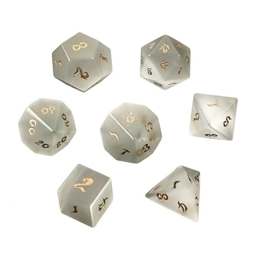 Elfenbeinweiße Katzenaugen-Kristallwürfel – handgeschnitzte Edelsteinwürfel D4, D6, D8, D10, D12, D20 Perzentil oder 7-teiliges polyedrisches Set für DND-RPG(Sevensuits) von LWQCHW