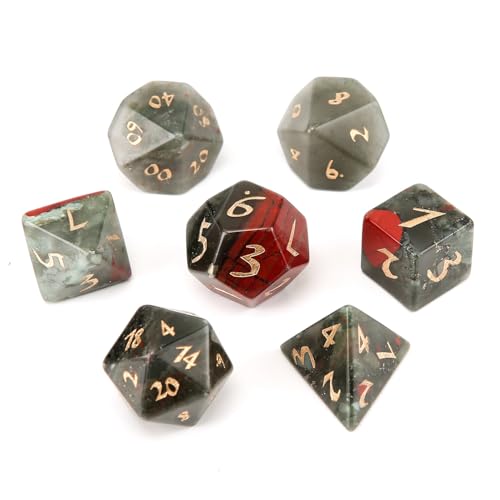 LWQCHW Kristallwürfel-Set, 7-teilig, polyedrische Edelsteinwürfel für DND für RPG-Spiele mit Aufbewahrungsbox (Afrikanischer Blutstein) von LWQCHW
